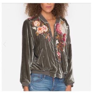 Johnny Was Silk Velvet Bomber Jacket Olive